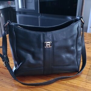 Vintage Etienne Aigner Black Leather Shoulder Bag with Gold Accent